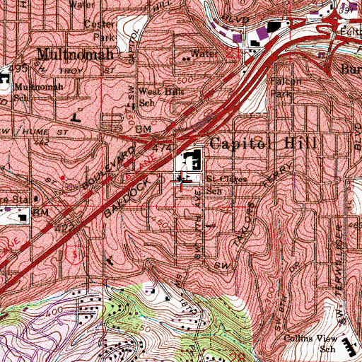 Topographic Map of Saint Clare School, OR