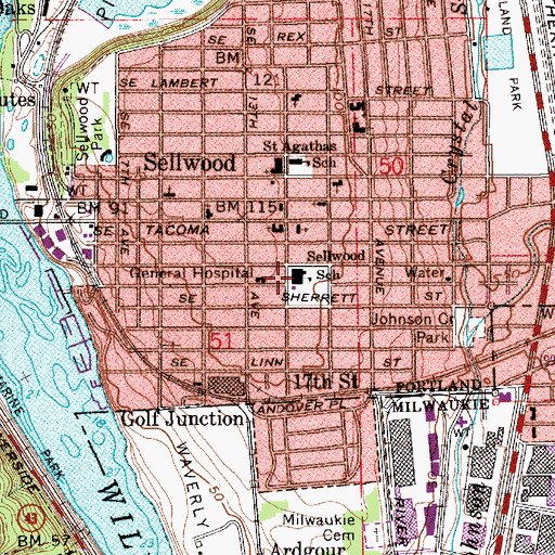 Topographic Map of Sellwood Middle School, OR