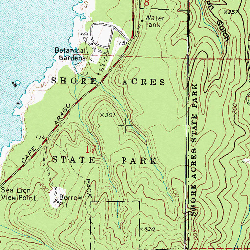 Topographic Map of Shore Acres State Park, OR