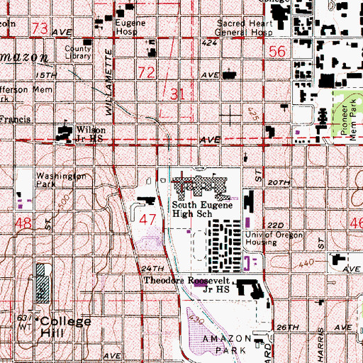 Topographic Map of South Eugene High School, OR