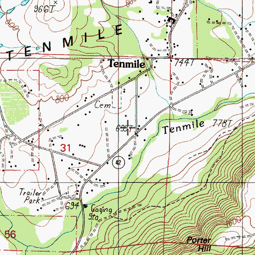 Topographic Map of Tenmile, OR