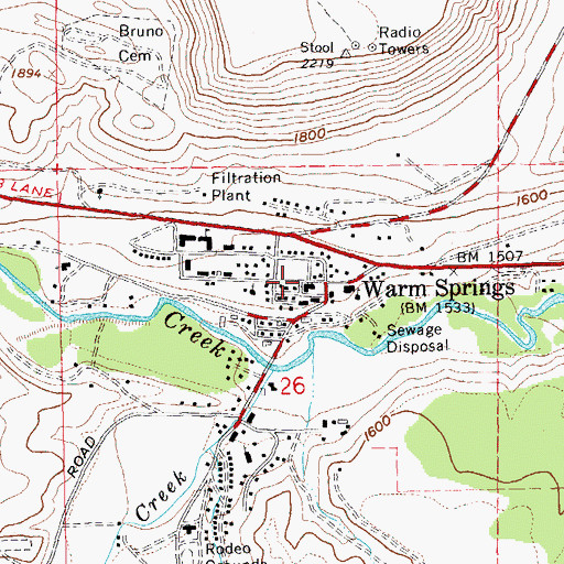 Topographic Map of Warm Springs, OR