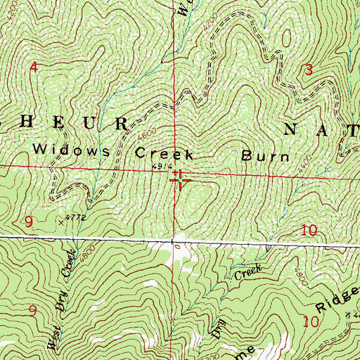 Topographic Map of Widows Creek Burn, OR