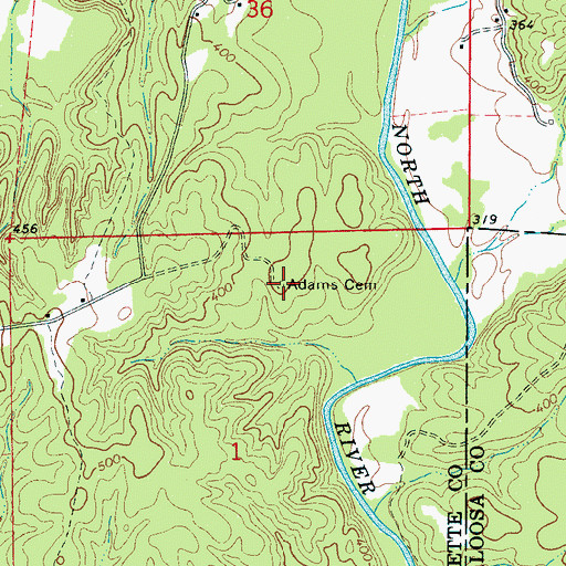 Topographic Map of Adams Cemetery, AL