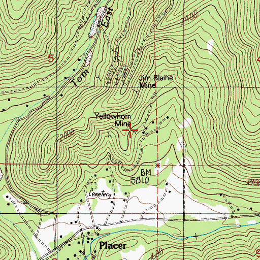 Topographic Map of Yellowhorn Mine, OR