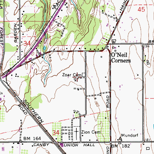 Topographic Map of Zoar Cemetery, OR