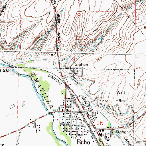Topographic Map of Echo Memorial Cemetery, OR