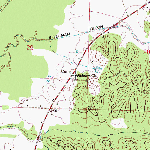 Topographic Map of Asbury Church, AL