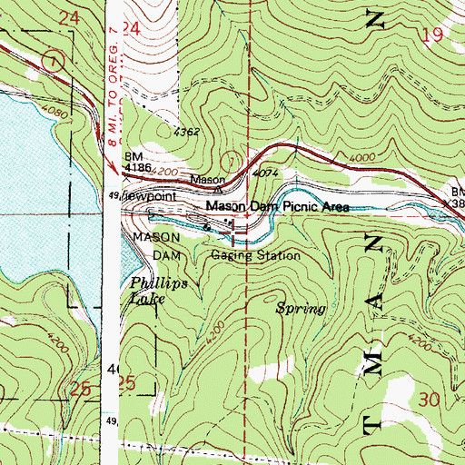 Topographic Map of Mason Dam Recreation Site, OR