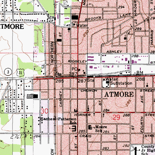 Topographic Map of Atmore, AL