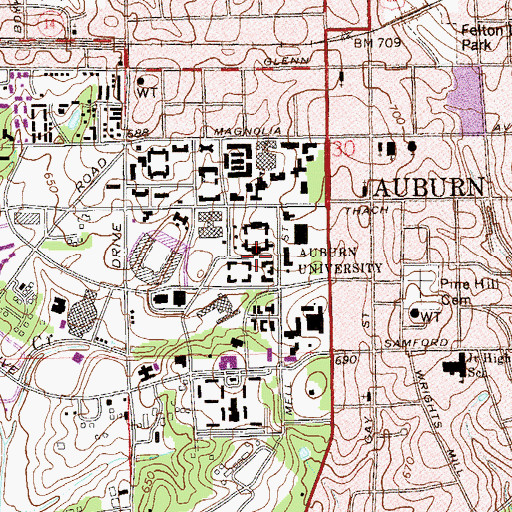 Topographic Map of Auburn University, AL