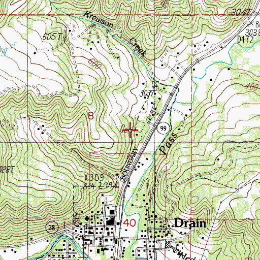 Topographic Map of Drain Cemetery, OR