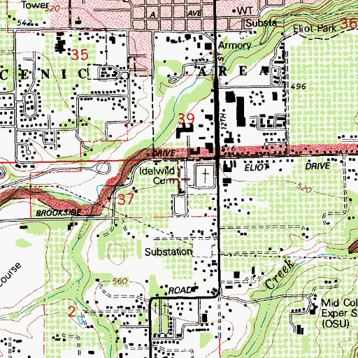 Topographic Map of Idlewilde Cemetery, OR
