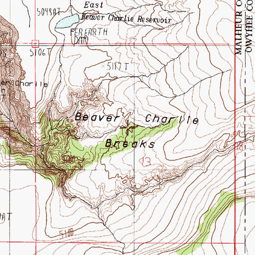 Topographic Map of Beaver Charlie Breaks, OR