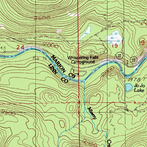 Topographic Map of Whispering Falls Recreation Site, OR