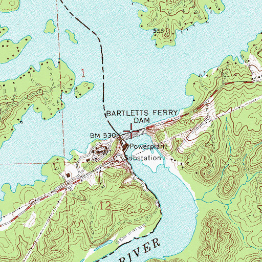 Topographic Map of Barletts Ferry Dam, AL