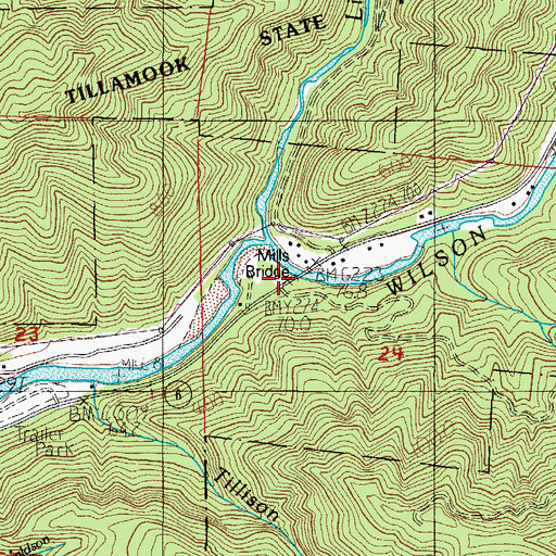 Topographic Map of Mills Bridge, OR