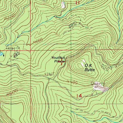 Topographic Map of Youtlkut Pillars, OR