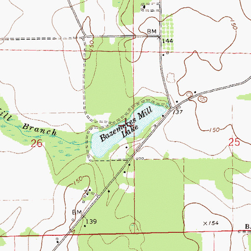 Topographic Map of Bazemores Mill Lake, AL