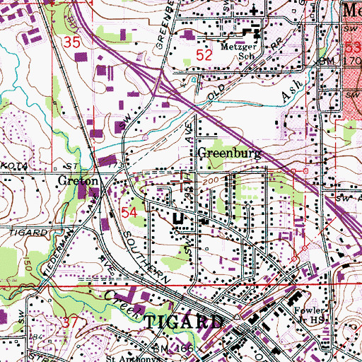 Topographic Map of Greenburg, OR