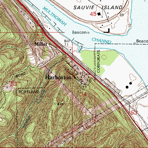 Topographic Map of Harborton, OR