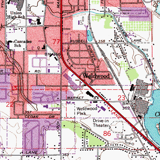 Topographic Map of Weldwood, OR