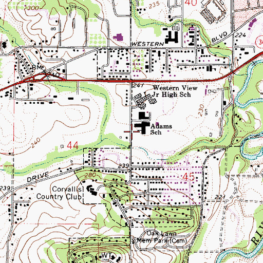 Topographic Map of Adams Elementary School, OR