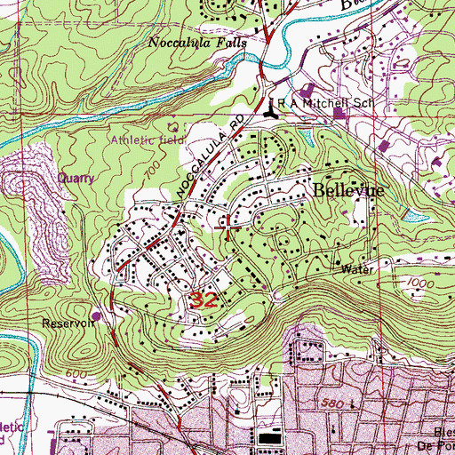 Topographic Map of Bellevue, AL