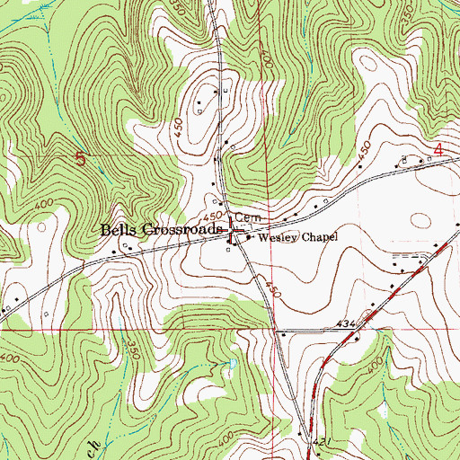 Topographic Map of Bells Crossroads, AL