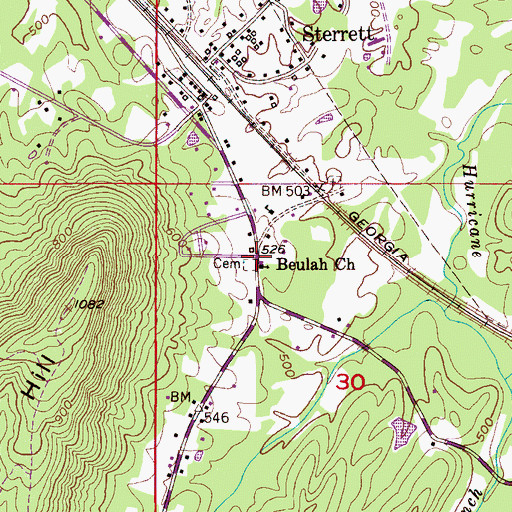 Topographic Map of Beulah Church, AL