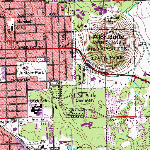 Topographic Map of Greenwood Cemetery, OR
