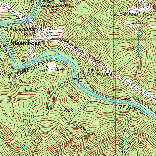 Topographic Map of Island Recreation Site, OR