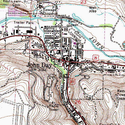 Topographic Map of John Day, OR