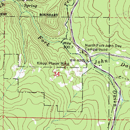 Topographic Map of Klopp Placer Mine, OR