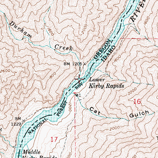 Topographic Map of Lower Kirby Rapids, OR