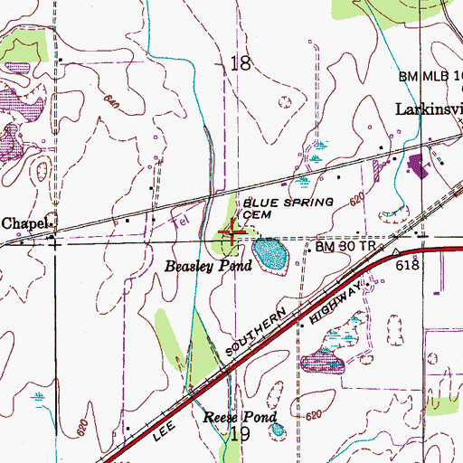 Topographic Map of Blue Spring Cemetery, AL