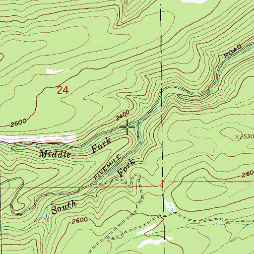 Topographic Map of Middle Fork Fivemile Creek, OR