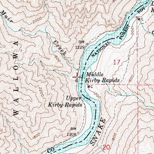 Topographic Map of Middle Kirby Rapids, ID