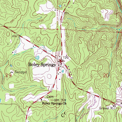 Topographic Map of Boley Springs, AL