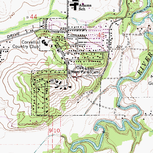 Topographic Map of Oak Lawn Memorial Park, OR