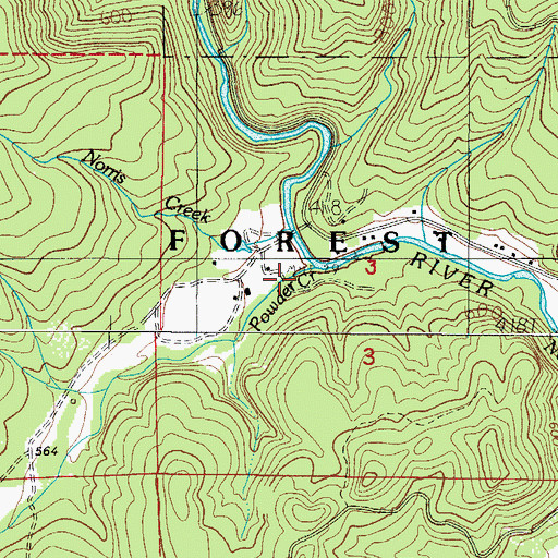 Topographic Map of Powder Creek, OR