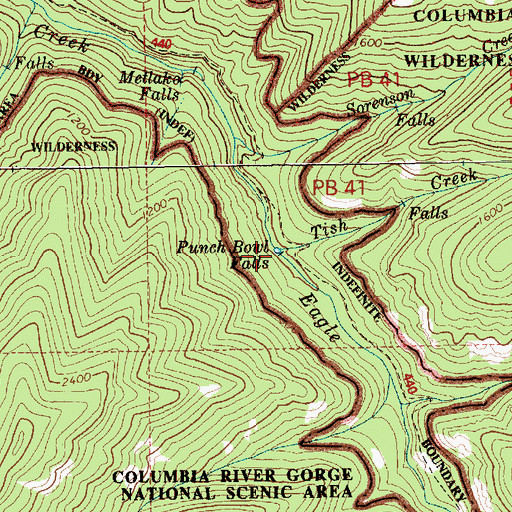 Topographic Map of Punch Bowl Falls, OR