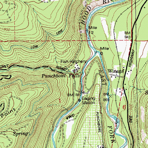 Topographic Map of Punchbowl Falls, OR