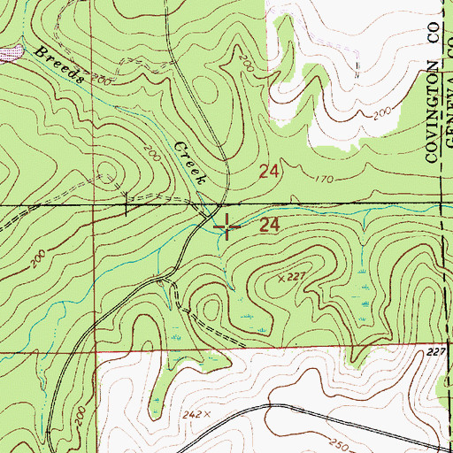 Topographic Map of Breeds Creek, AL