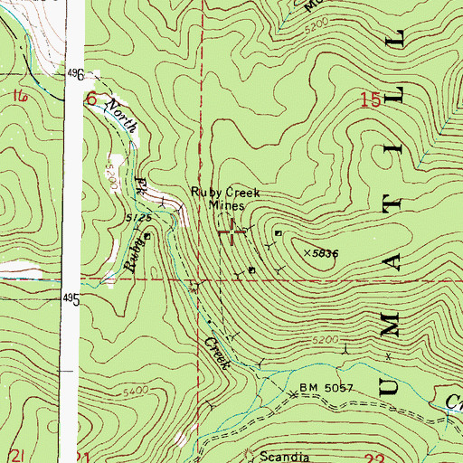 Topographic Map of Ruby Creek Mines, OR
