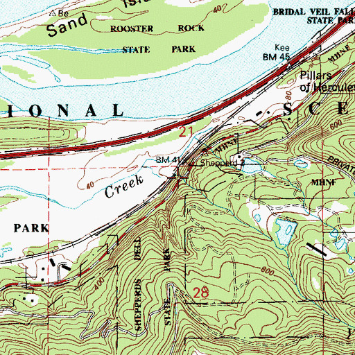 Topographic Map of Shepperds Dell State Park, OR