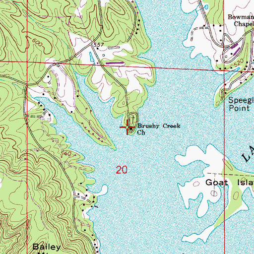 Topographic Map of Brushy Creek Church of Jesus Christ, AL