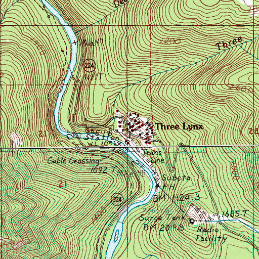 Topographic Map of Three Lynx, OR