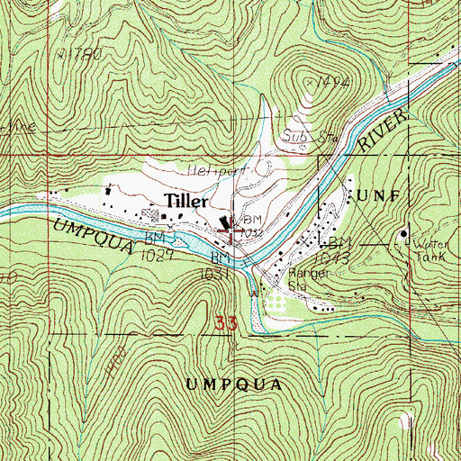 Topographic Map of Tiller, OR