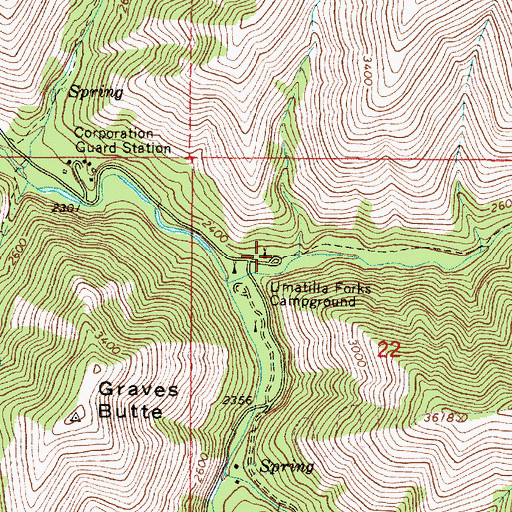 Topographic Map of Umatilla Forks Recreation Site, OR